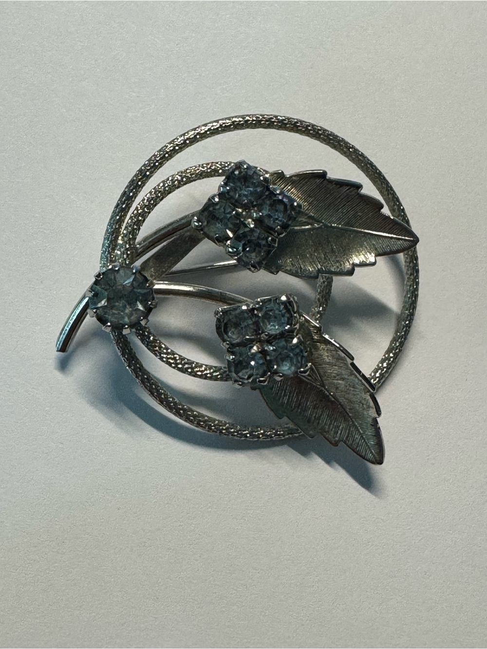 Vintage Silver Leaf Crystal Cluster Brooch - Pale Blue rhinestone accents